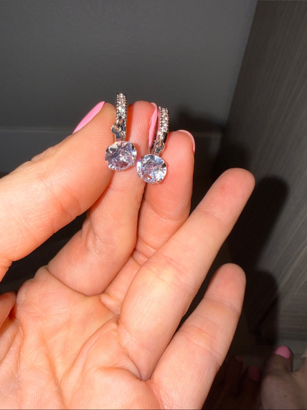 Classic Silver-Tone Round Crystal Drop Earrings - Pink Accent